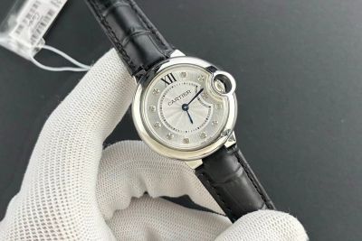 Ballon Bleu De Cartier 28mm 762 Quartz Movement Black Leather Strap White Face Diamond Markers Women Watch